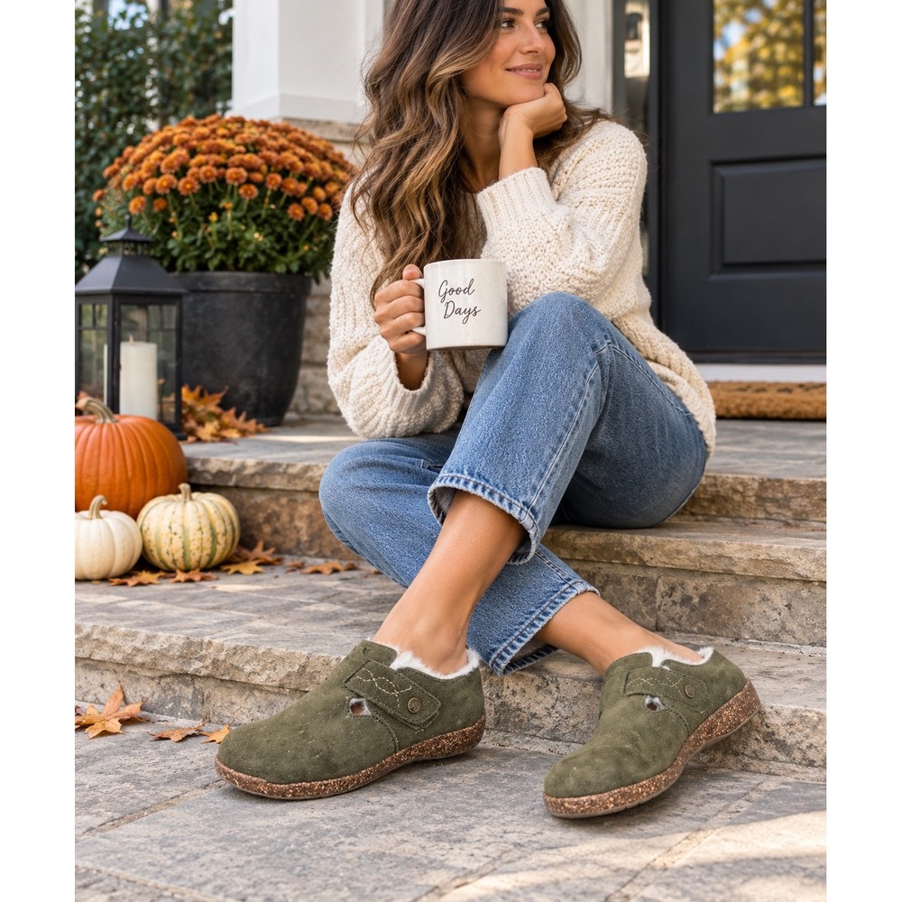 Earth Origins Aurora Jade Suede Faux Fur Lined Clogs Classic Olive Green 7.5